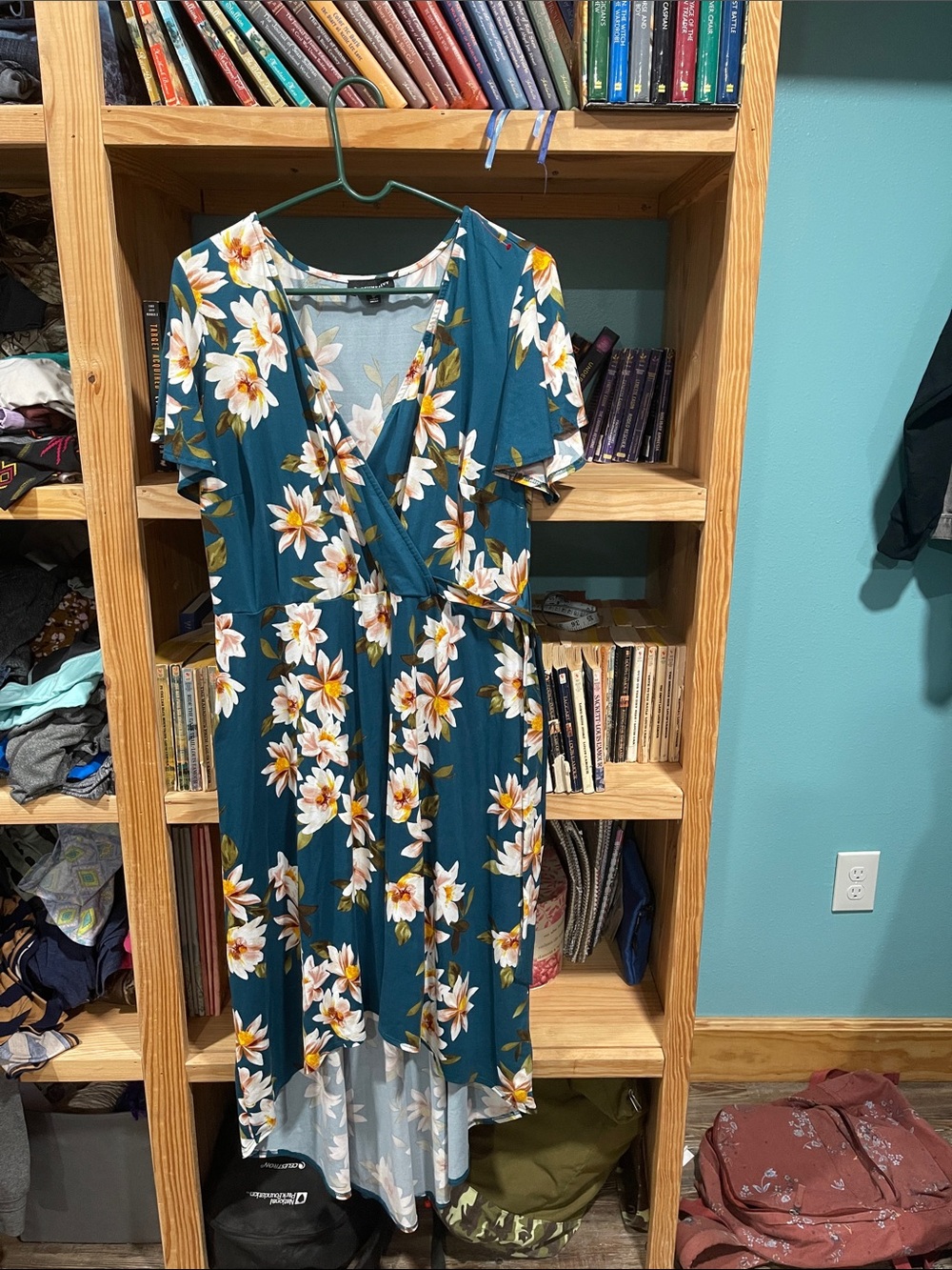 Teal Floral High-Low Wrap Dress with White & Yellow Blooms